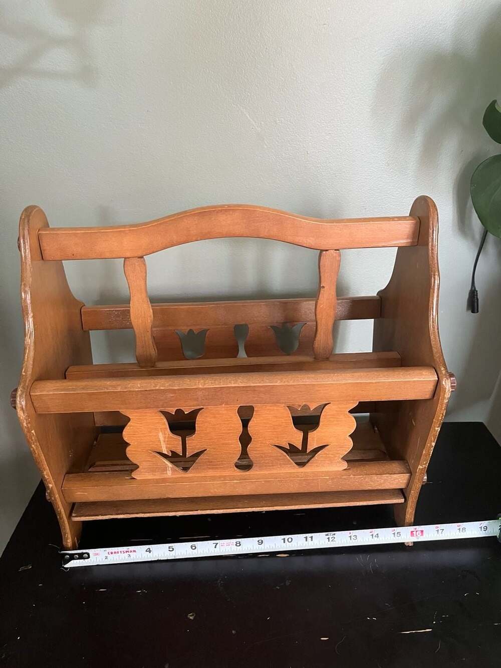 Vintage Wooden Magazine Rack with Tulip Cut-Outs